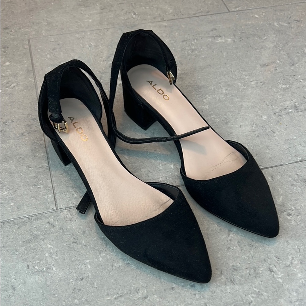 Aldo Black Suede 1in block heel pumps pointed toe